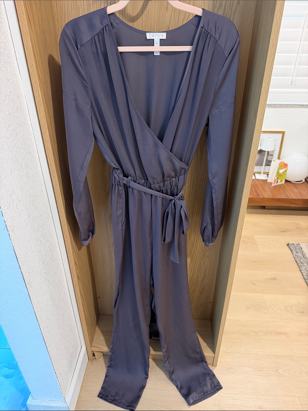 REVOLVESilk-Like Wrap Jumpsuit in Slate Gray